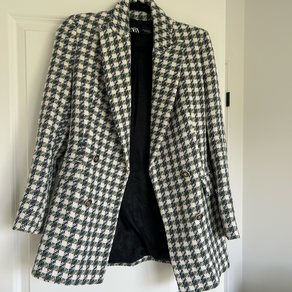 Zara Women's Green& White checkered Double -Breasted Blazer XS